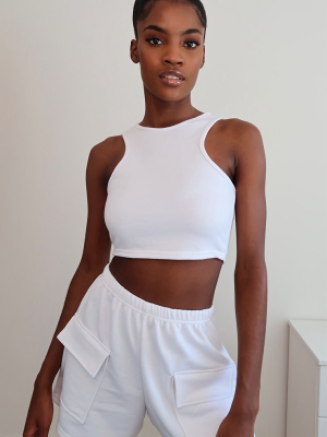 White Lightweight Zip Back Racer Crop Top