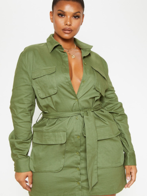 Plus Khaki Utility Tie Waist Shift Dress