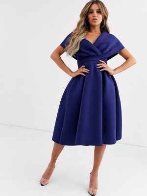 Asos Design Fallen Shoulder Midi Prom Dress With Tie Detail In Navy Blue