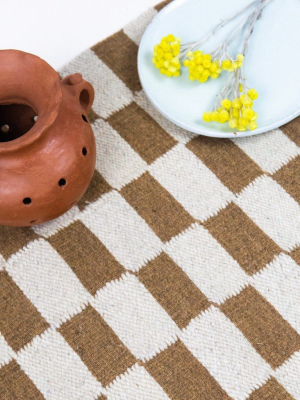 Zapotec Checkered Wool Rug - Umber + Ivory