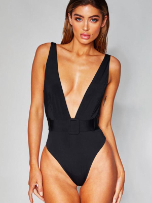 Solid Low Back High Leg Belted Deep V One Piece Swimsuit