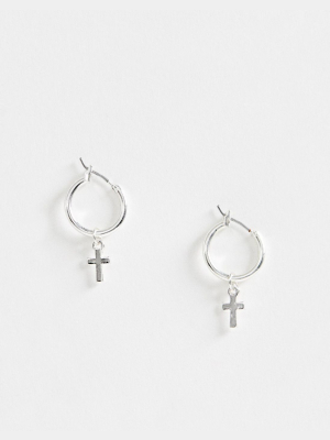 Asos Design Hoop Earrings With Cross In Silver Tone