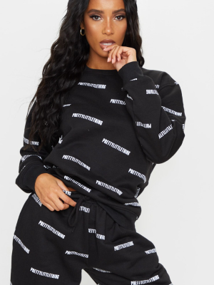 Prettylittlething Black Printed Crew Neck Sweater