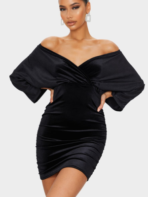 Black Velvet Off The Shoulder Wrap Ruched...