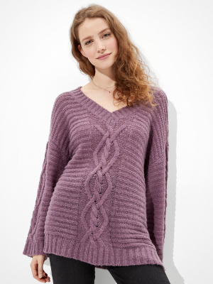 Ae Oversized Cable Knit V-neck Sweater