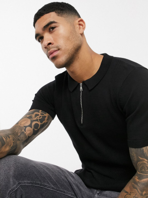 New Look Ladder Stitch Polo In Black