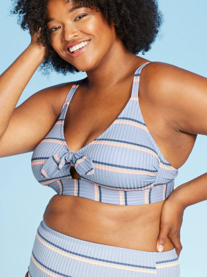 Juniors' Plus Size Ribbed Tie-front Triangle Bikini Top - Xhilaration™ Blue Stripe