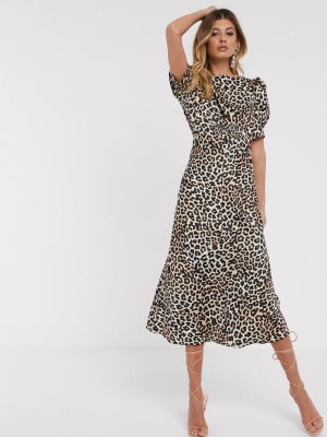 Asos Design Midi Tea Dress In Leopard Print