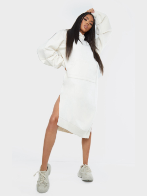 Ecru Oversized Hooded Split Side Midi Dress