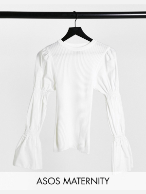 Asos Design Maternity Sweater With Puff Sleeves Detail In Cream