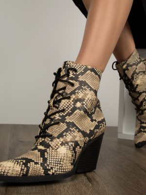 Zooey-24x Beige Black Snake Lace Up Booties