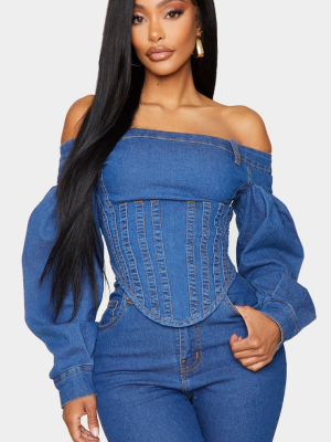 Shape Mid Blue Wash Denim Bardot Balloon Sleeve...