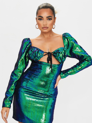 Petite Emerald Green Ruched Puff Sleeve Bodycon...