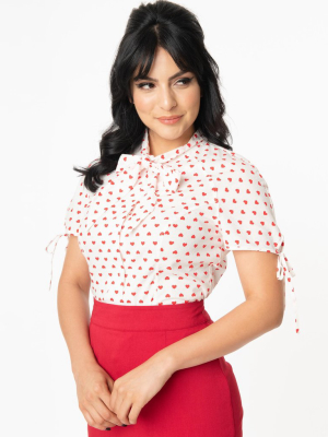 Unique Vintage White & Red Heart Print Chita Blouse