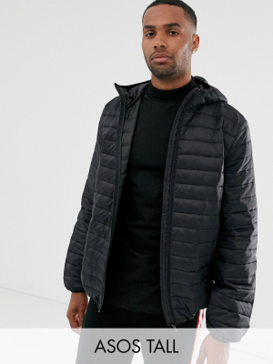 Asos Design Tall Lightweight Puffer Jacket With Hood In Black
