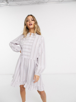 Pieces Smock Dress With Notch Detail In Pastel Stripes