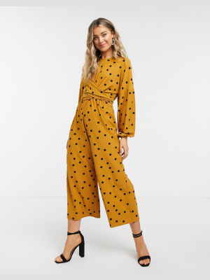 Asos Design Jersey X Front Wrap Long Sleeve Jumpsuit In Brown Spot Print