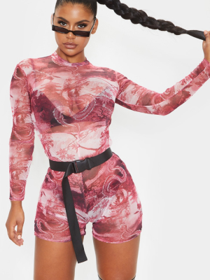 Red Print Print Mesh Long Sleeve Unitard