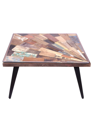 Square Wooden Coffee Table With Sunburst Design Glass Inserted Top - The Urban Port