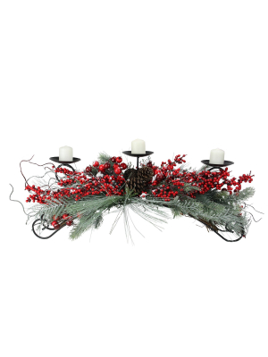 Melrose 30" Frosted Pine Needle Christmas Candle Holder - Berry Red/green