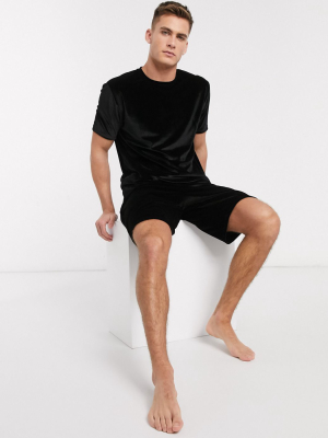 Asos Design Lounge T-shirt And Short Pajama Set In Black Velour