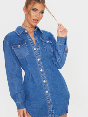 Mid Wash Cinched Waist Long Sleeve Denim Dress