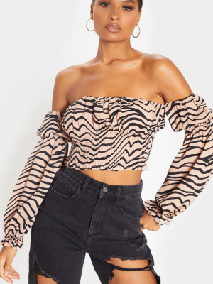 Tan Zebra Shirred Bardot Puff Sleeve Crop Top