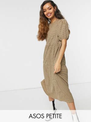 Asos Design Petite Midi Tiered Smock Dress In Camel And Black Check