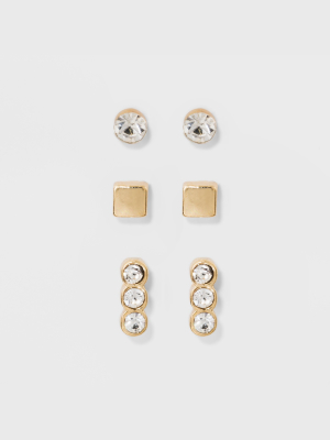 Stone, Cube, And Pave Bar Earring Set 3 Ct - A New Day™ Gold/clear