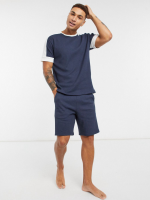 Asos Design Lounge Waffle T-shirt And Shorts Pajama Set With Cut And Sew Panels