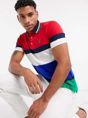 Polo Ralph Lauren Player Logo Tipped Block Stripe Pima Polo Custom Regular Fit In Multi