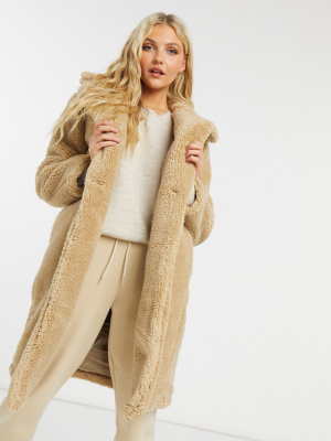 New Look Longline Teddy Coat In Stone