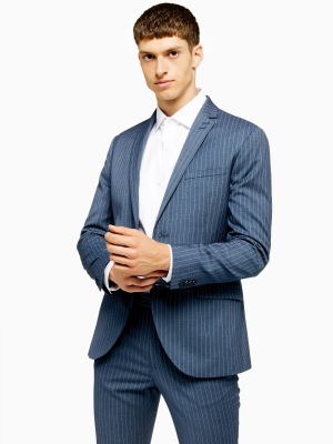 Blue Pinstripe Super Skinny Fit Single Breasted Suit Blazer With Notch Lapels