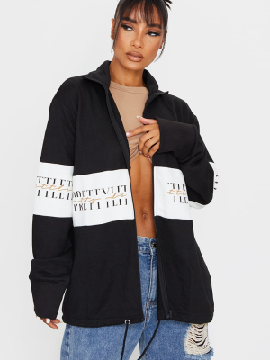 Prettylittlething Black Slogan Panel Zip Up Hoodie