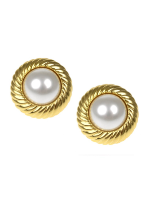 Gold Twist Pearl Center Clip Earrings