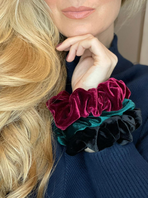 Pack Of 3 Velvet Scrunchies - Ruby, Emerald & Black