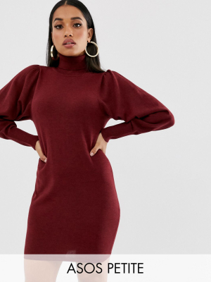 Asos Design Petite Roll Neck Mini Dress With Statement Sleeve In Recycled Blend