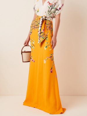 Belted Floral Crepe Gown