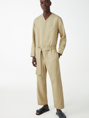 Organic Cotton-linen Mix V-neck Belted Boiler Suit