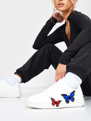 White Pu Butterfly Detail Sneakers
