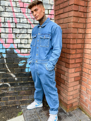 Asos Design Denim Boilersuit In Vintage Mid Wash Blue