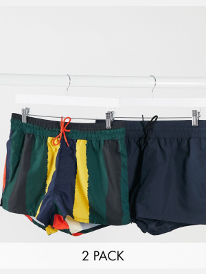 Asos Design 2 Pack Swim Shorts In Black And Stripe Super Short Length Save