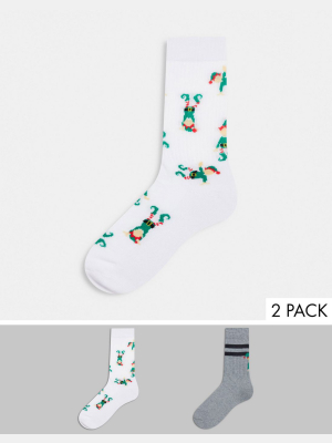 Asos Design Sport Sock With Happy Elf Design 2 Pack