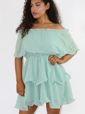 Sage Green Chiffon Bardot Ruffle Tiered Dress