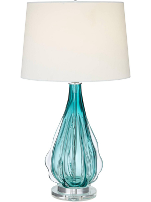 Possini Euro Design Modern Table Lamp Turquoise Glass Wave Pattern Tapered White Drum Shade For Living Room Family Bedroom Bedside