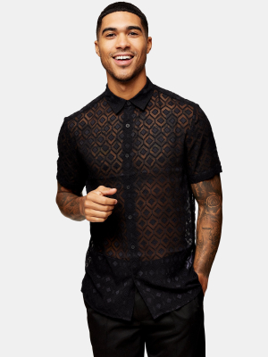 Black Geometric Jacquard Slim Shirt