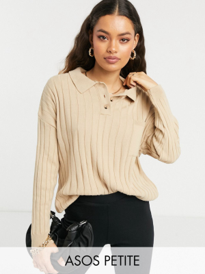 Asos Design Petite Oversized Rugby Style Sweater With Collar Detail And Pocket In Stone