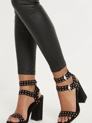 Black Buckle Detail Studded Block Heel Sandal