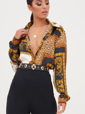 Black Leopard Print Satin Oversized Shirt