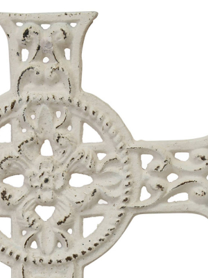 11.6" X 7.9" Decorative Distressed Cast Iron Cross Wall Art Worn White - Stonebriar Collection